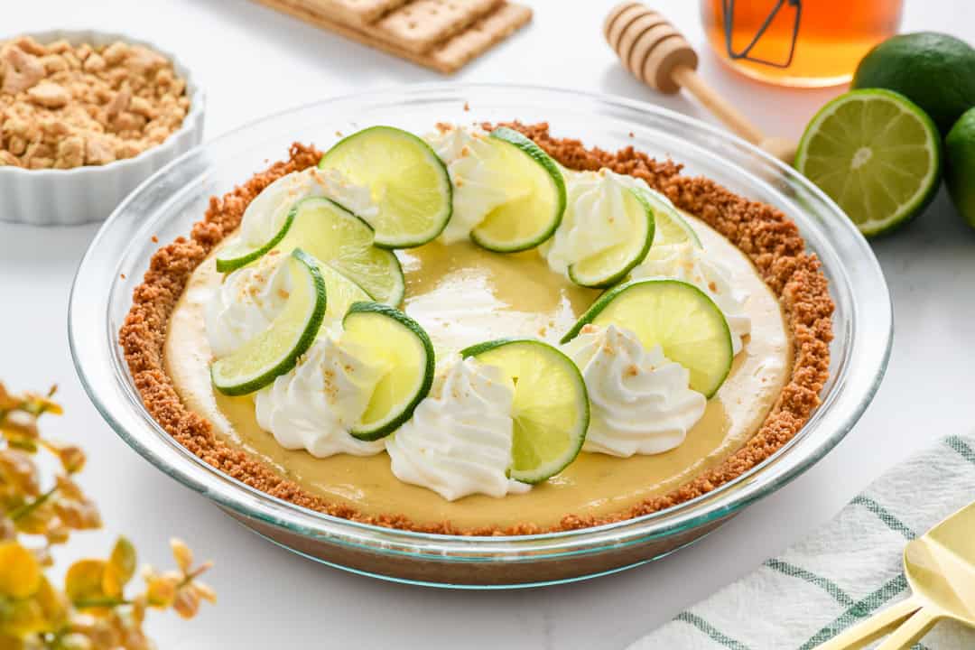 Angled landscape shot of  complete Key Lime Pie.