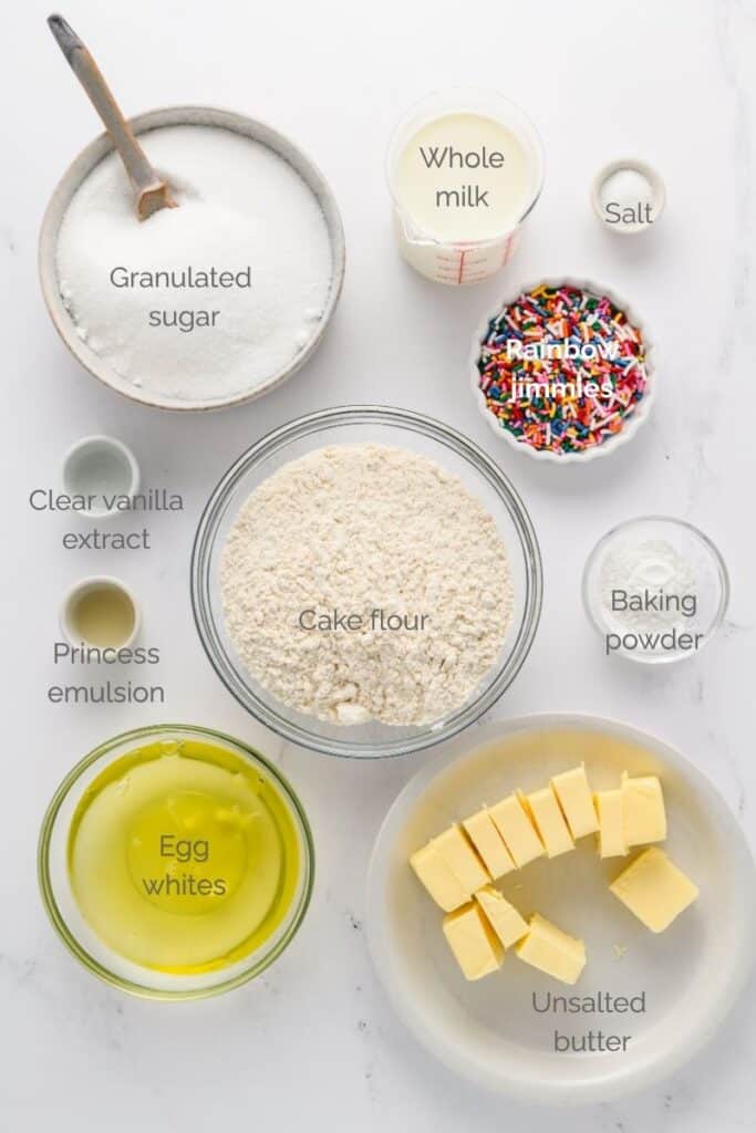 Overhead shot of ingredients for Funfetti Sheet Cake.