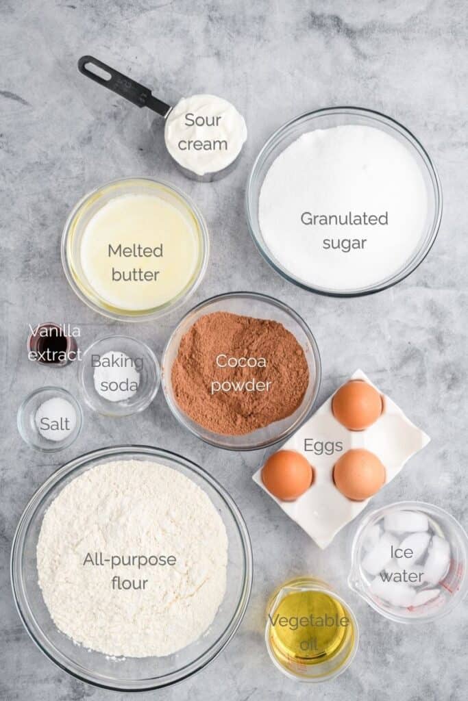 Overhead shot of cake ingredients for Black Forest Cake.