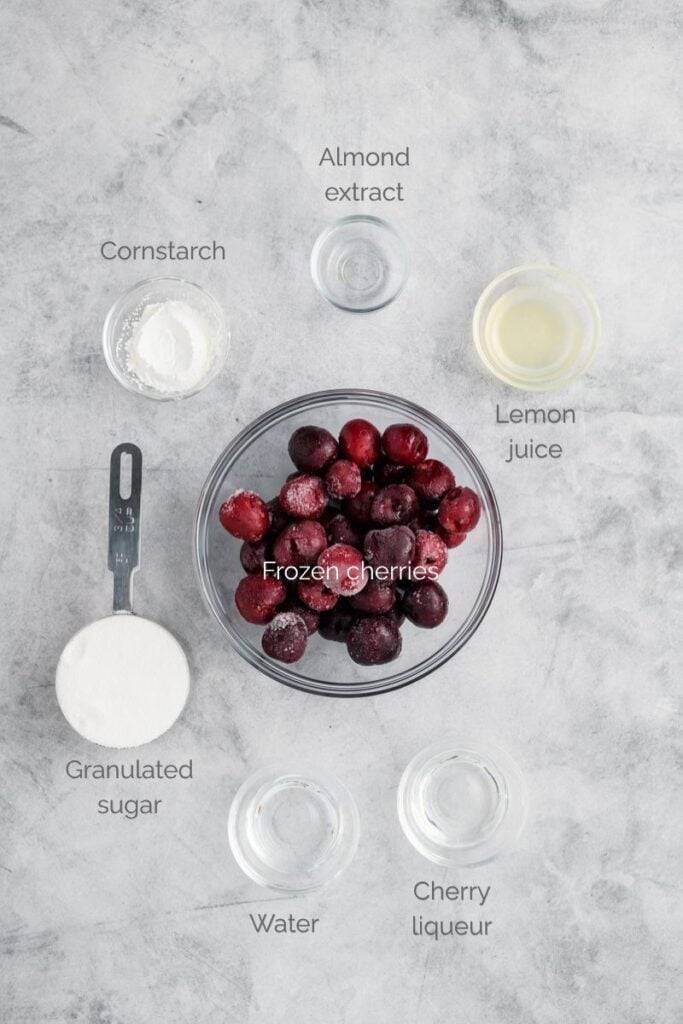 Overhead shot of cherry filling ingredients for Black Forest Chocolate Cake.