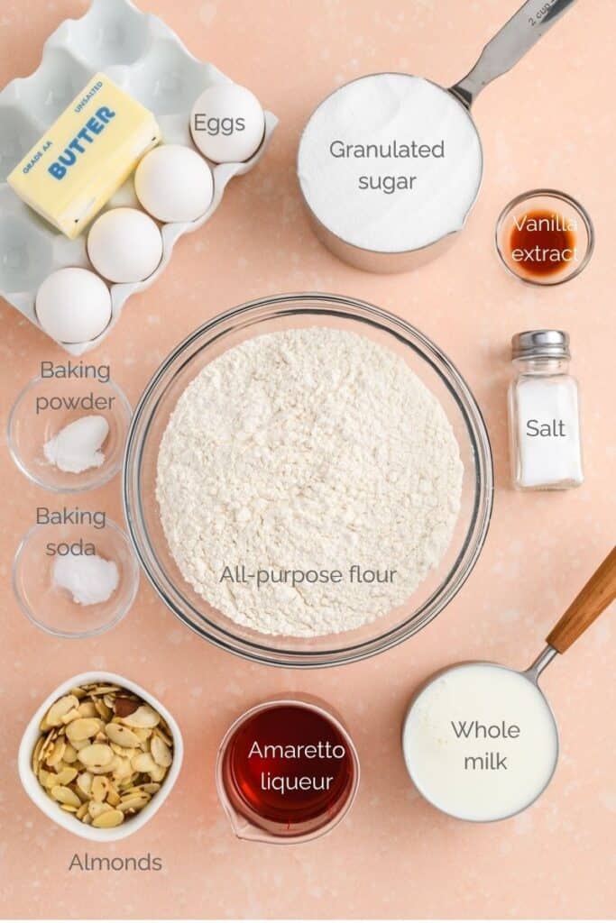 Overhead shot of Amaretto Bundt Cake ingredients.