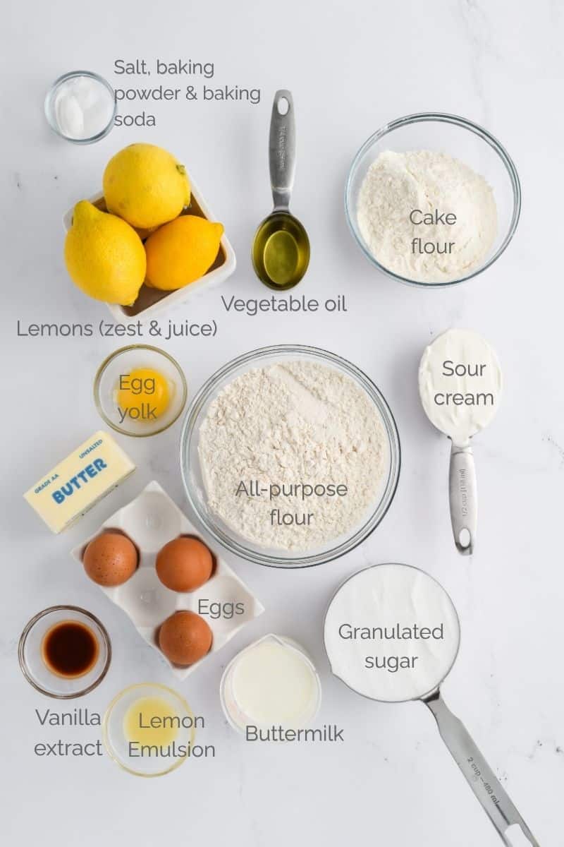 Overhead shot of ingredients for Lemon Bundt Cake.