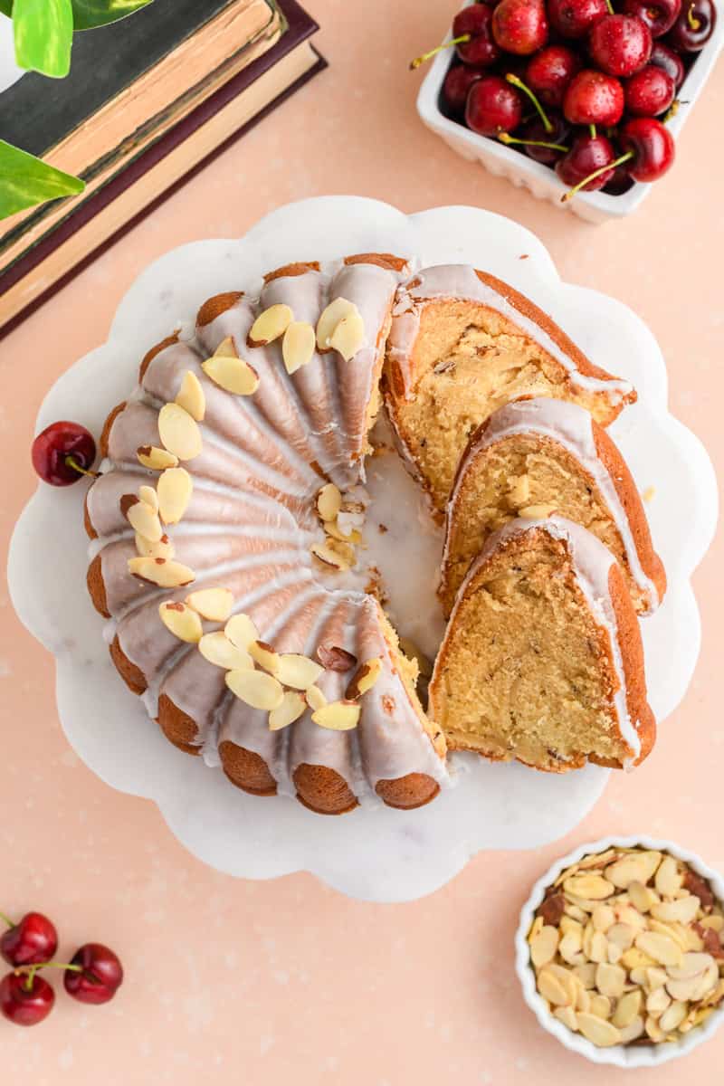 Overhead shot of Amaretto Cake with cake slices fanned out.
