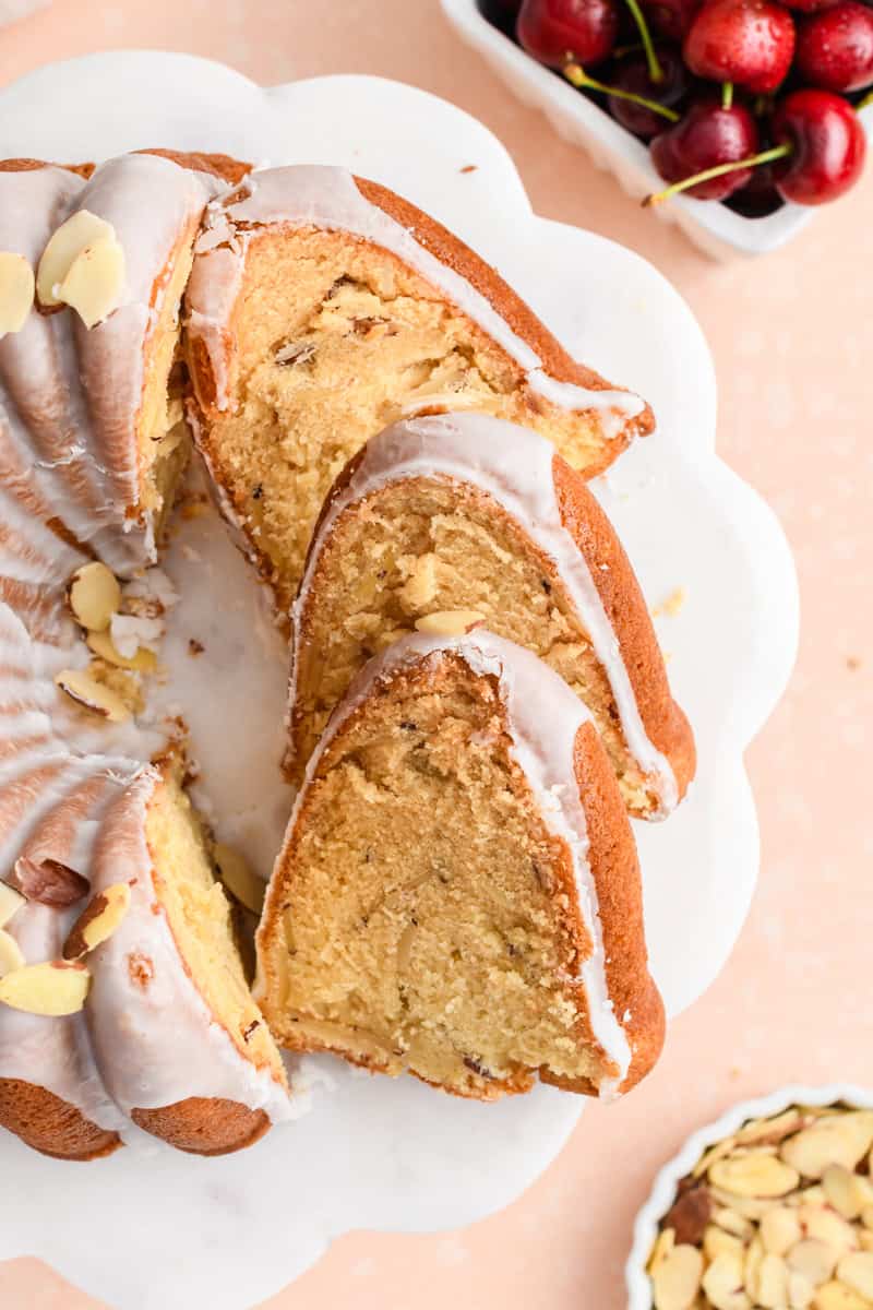 Close up overhead shot of Amaretto Bundt Cake slices fanned out.