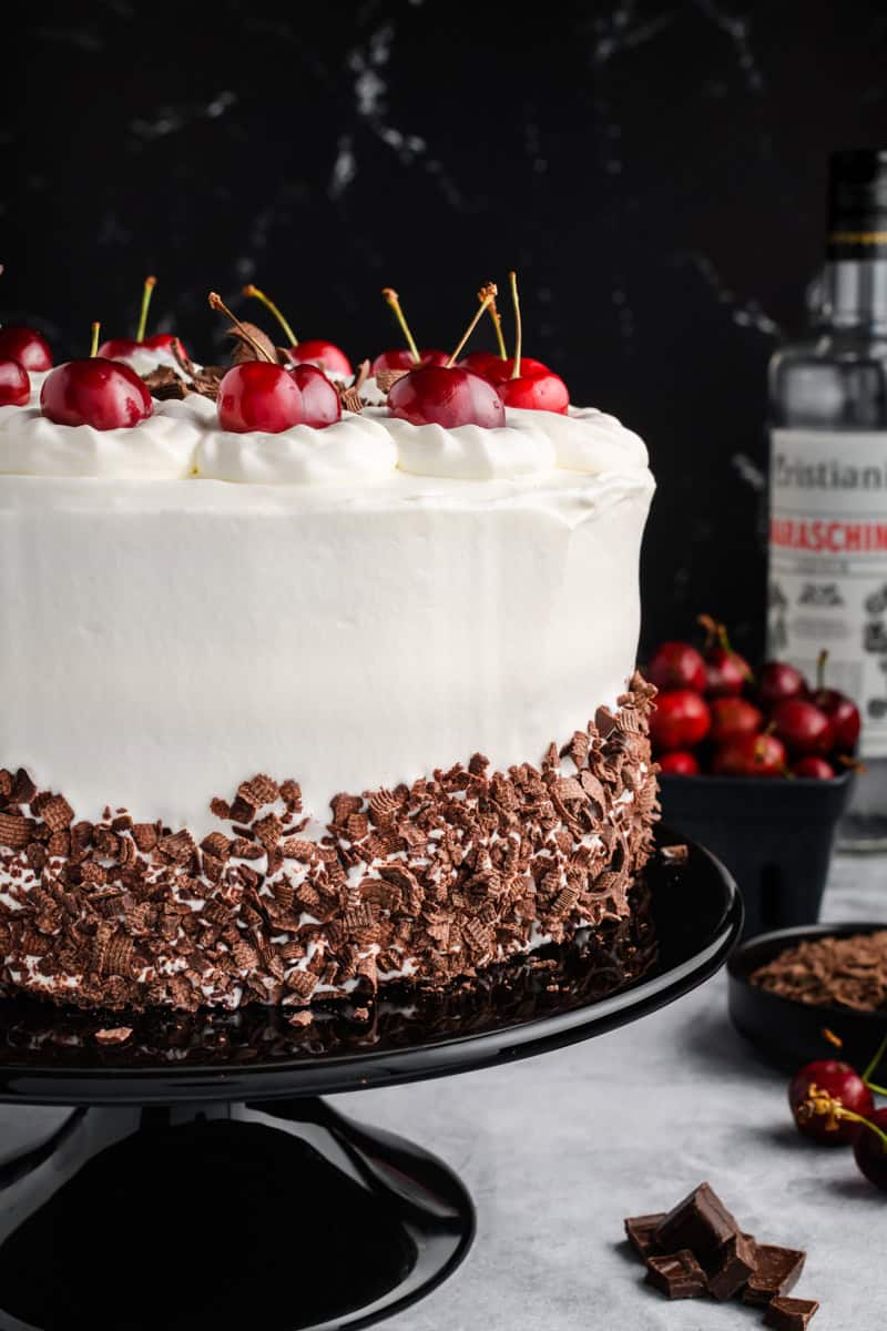 Close up off center shot of the height of the Black Forest Cake.