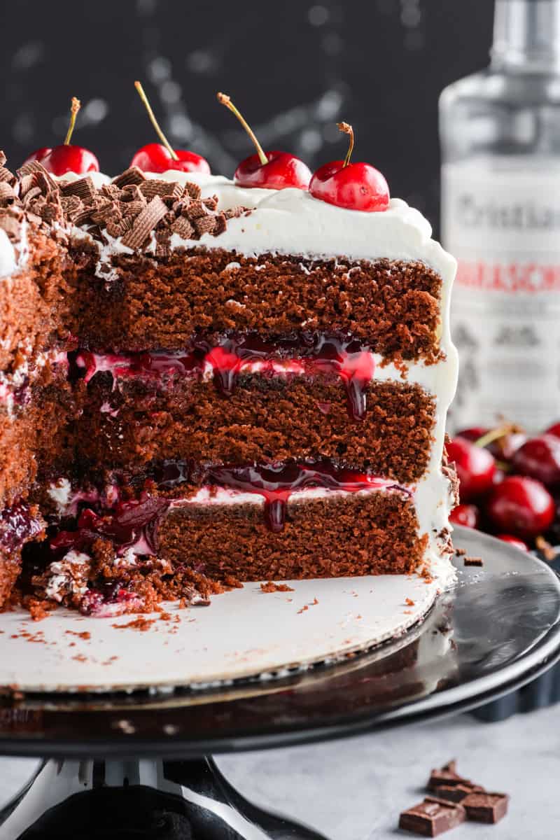Close up of cut Black Forest Cake layers.
