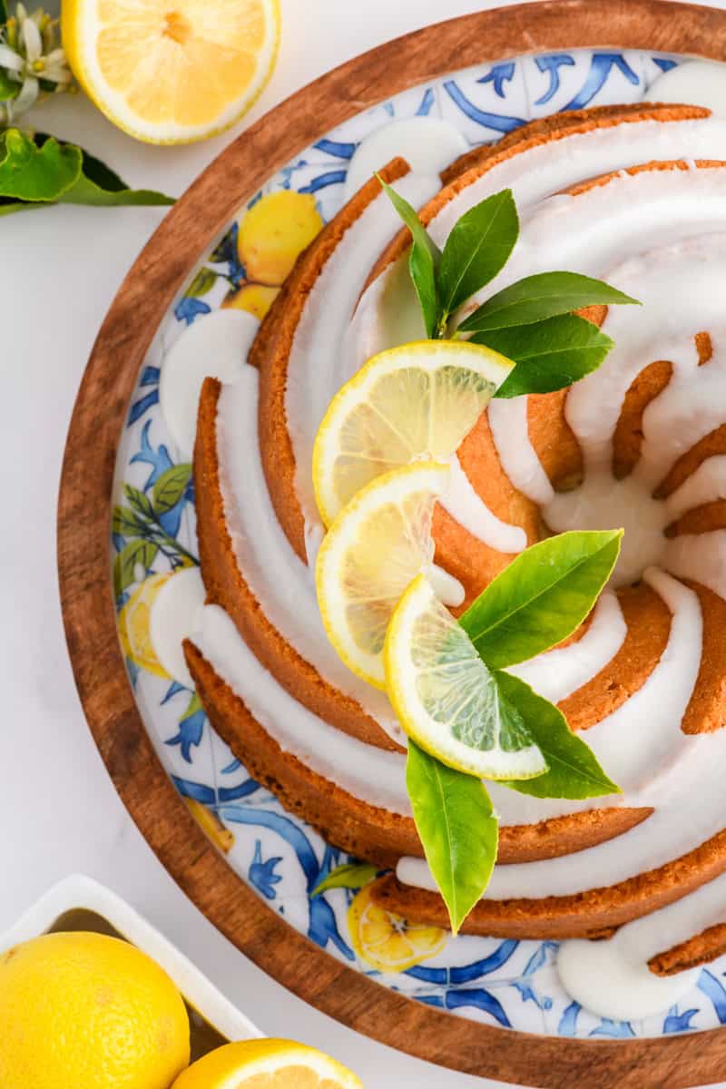 Close up shot of lemon decor on Lemon Bundt Cake.