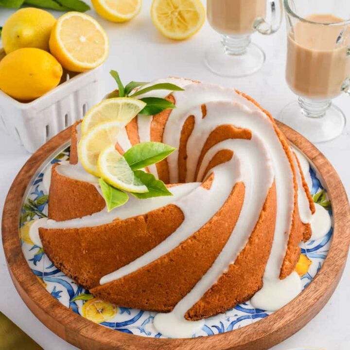 Angled Lemon Bundt Cake on platter.