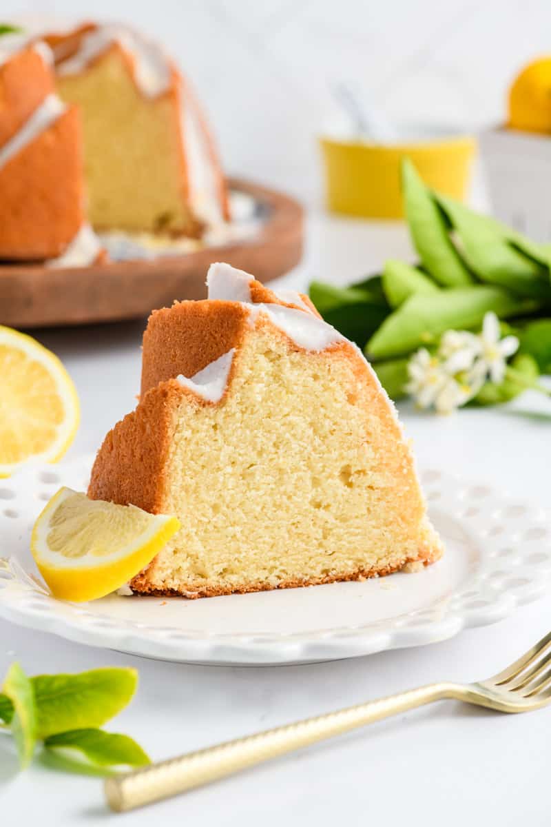Close up shot of sliced Lemon Bundt Cake.