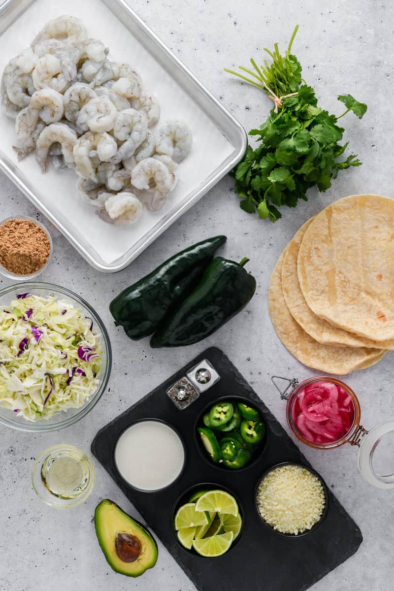Overhead image of ingredients for Easy Shrimp Tacos.