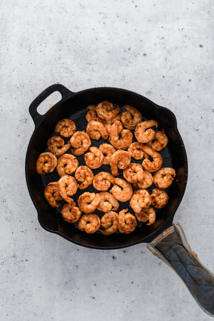 Overhead shot of cooked shrimp for Easy Shrimp Tacos.