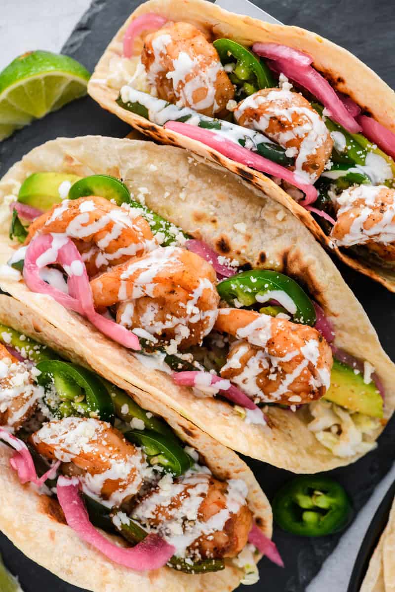 Overhead close up shot of Easy Shrimp Tacos.