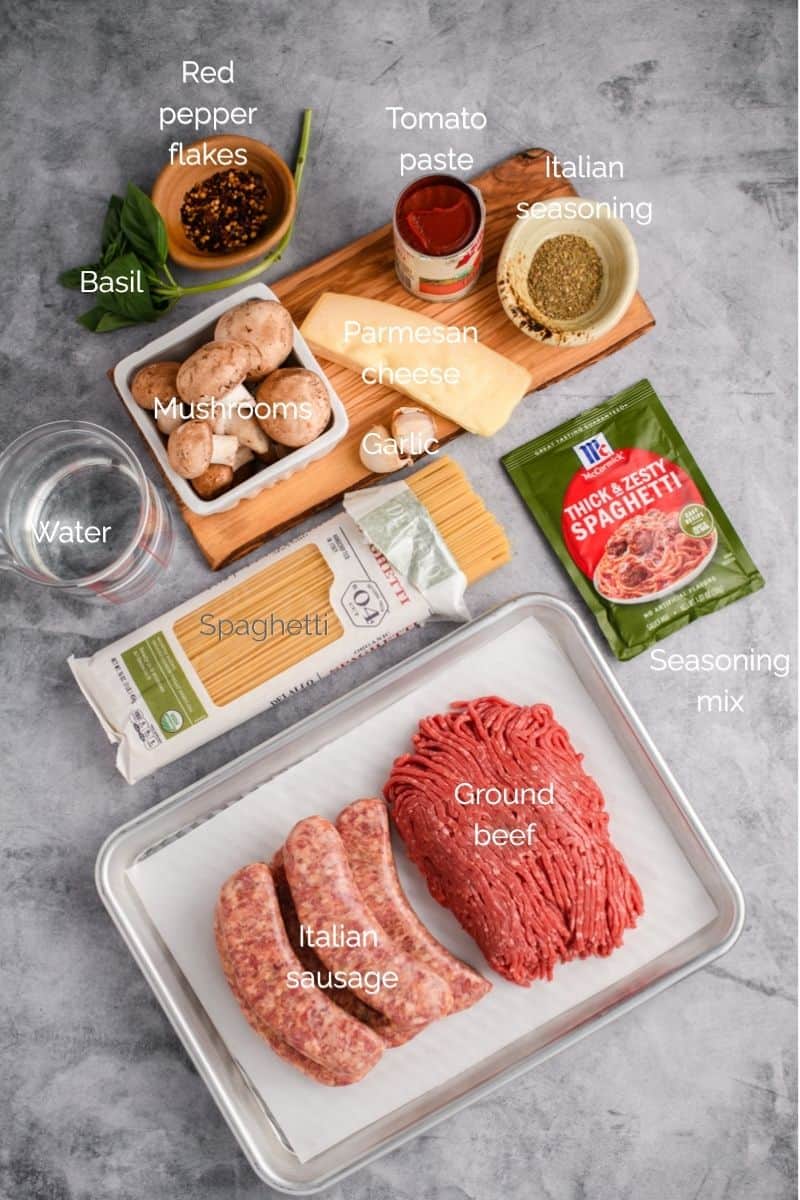 Overhead shot of ingredients for Italian Sausage Spaghetti.