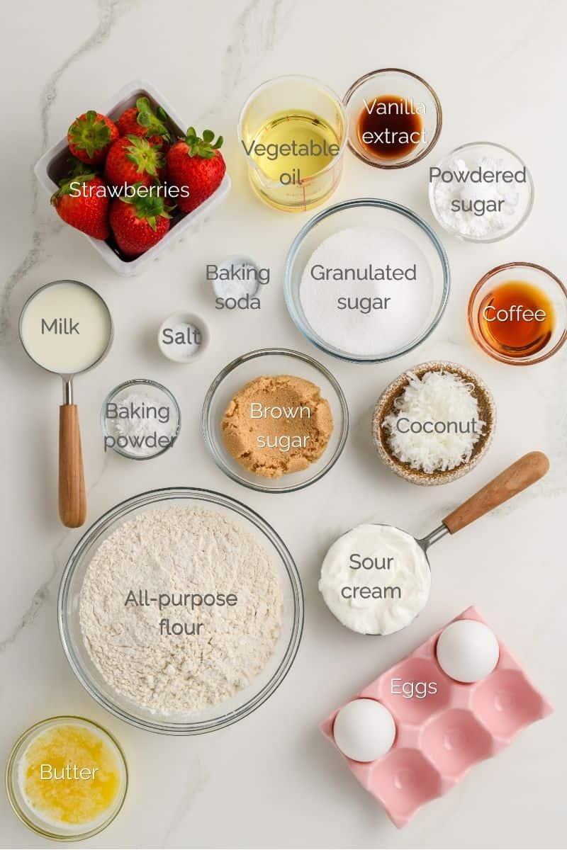 Overhead shot of ingredients for Homemade Strawberry Muffins.
