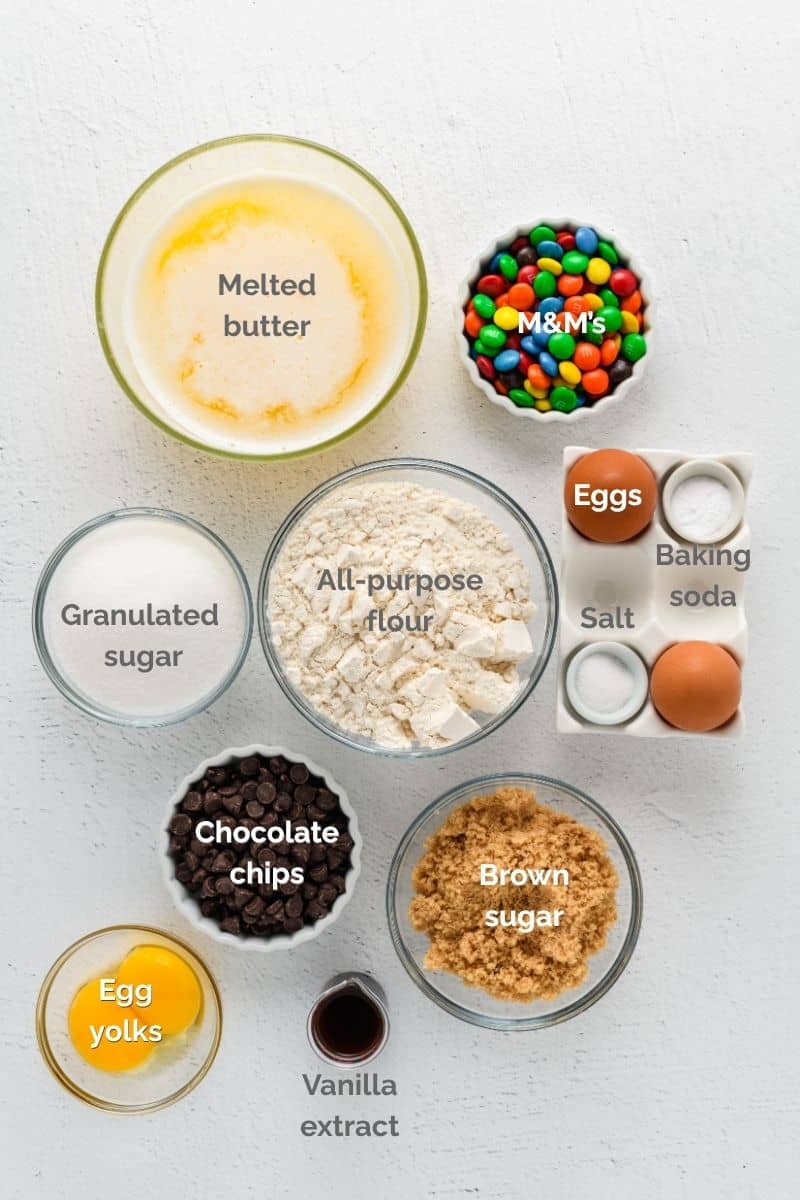 Overshot of ingredients for Best Big Fat Chewy Chocolate Chip Cookies.