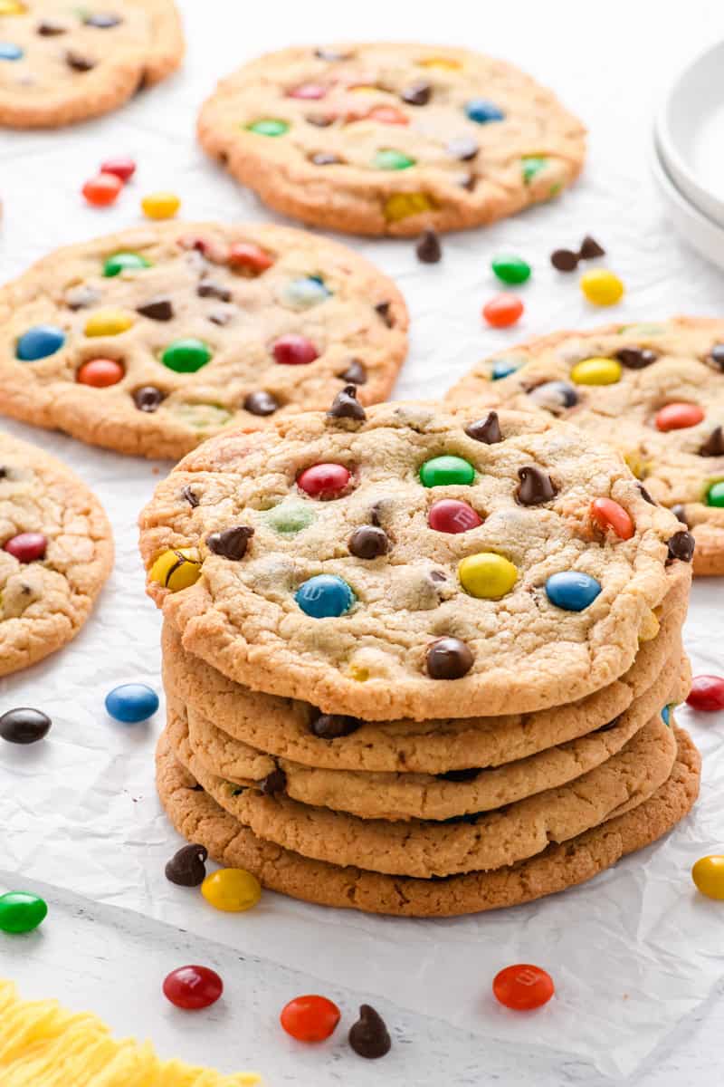 Angled shot of stack of Best Big Fat Chewy Chocolate Chip Cookies.