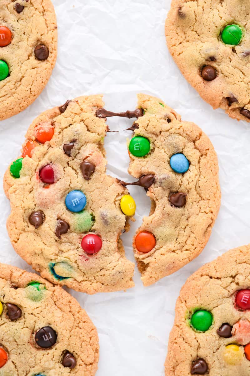 Overhead shot of melted chocolate Best Big Fat Chewy M&M Chocolate Chip Cookie pull.