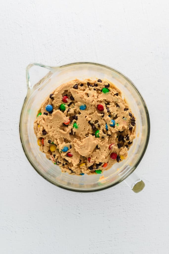 Overhead shot of completed cookie dough for Best Big Fat Chewy Chocolate Chip Cookie.