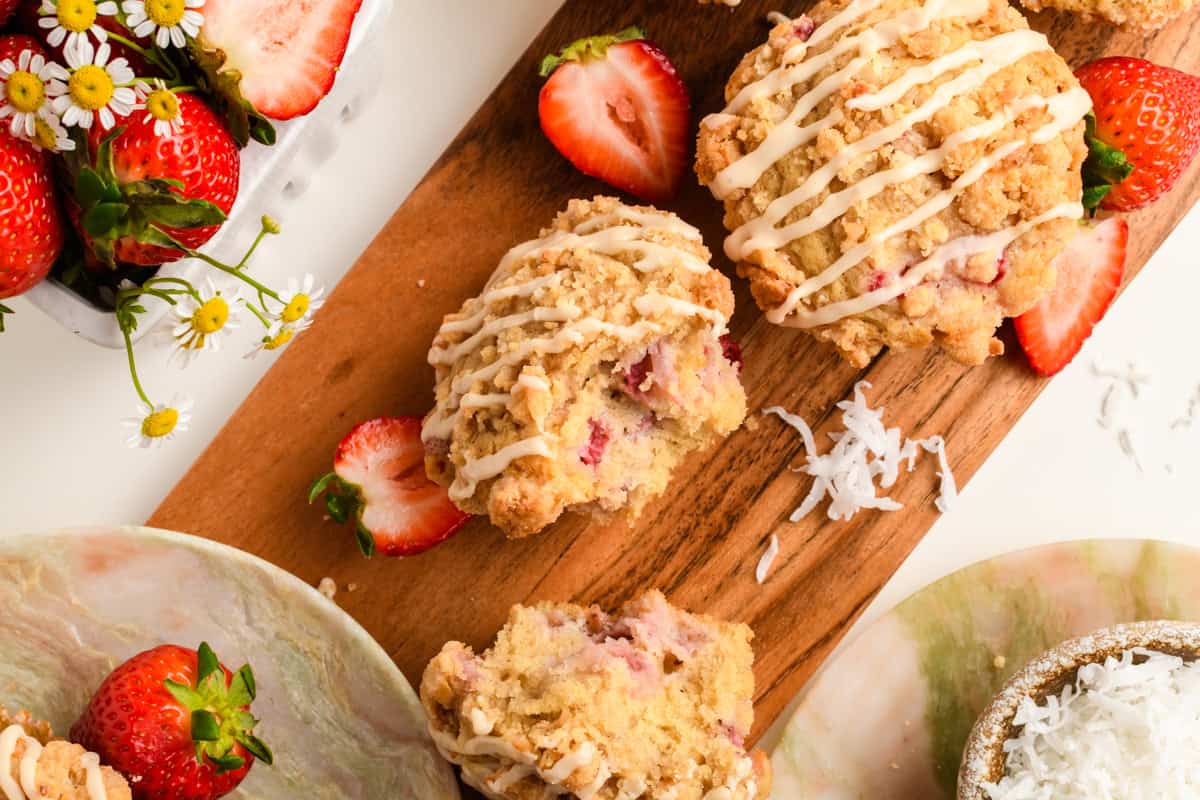 Overhead shot of Homemade Strawberry Muffins with bite removed.
