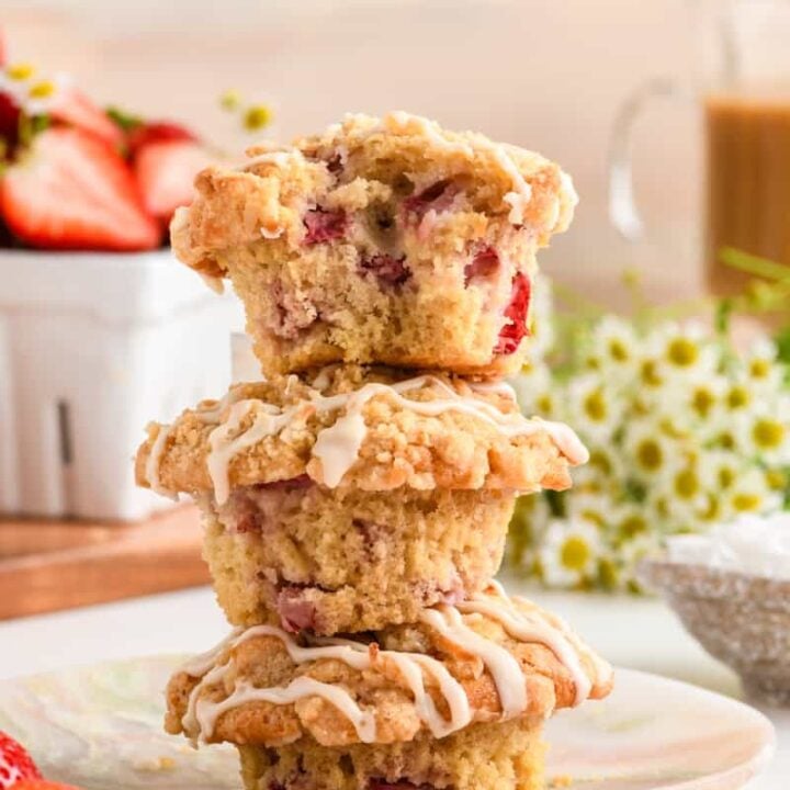Head on shot of 3 stacked Homemade Strawberry Muffins.