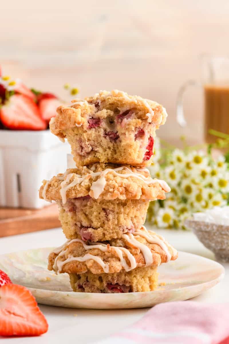 Head on shot of 3 stacked Homemade Strawberry Muffins.
