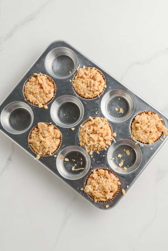 Overhead shot of Homemade Strawberry Muffins in baking pan.