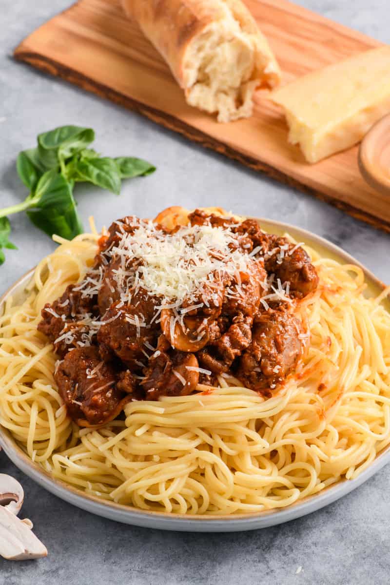 Angled shot of Italian Sausage Spaghetti on plate.