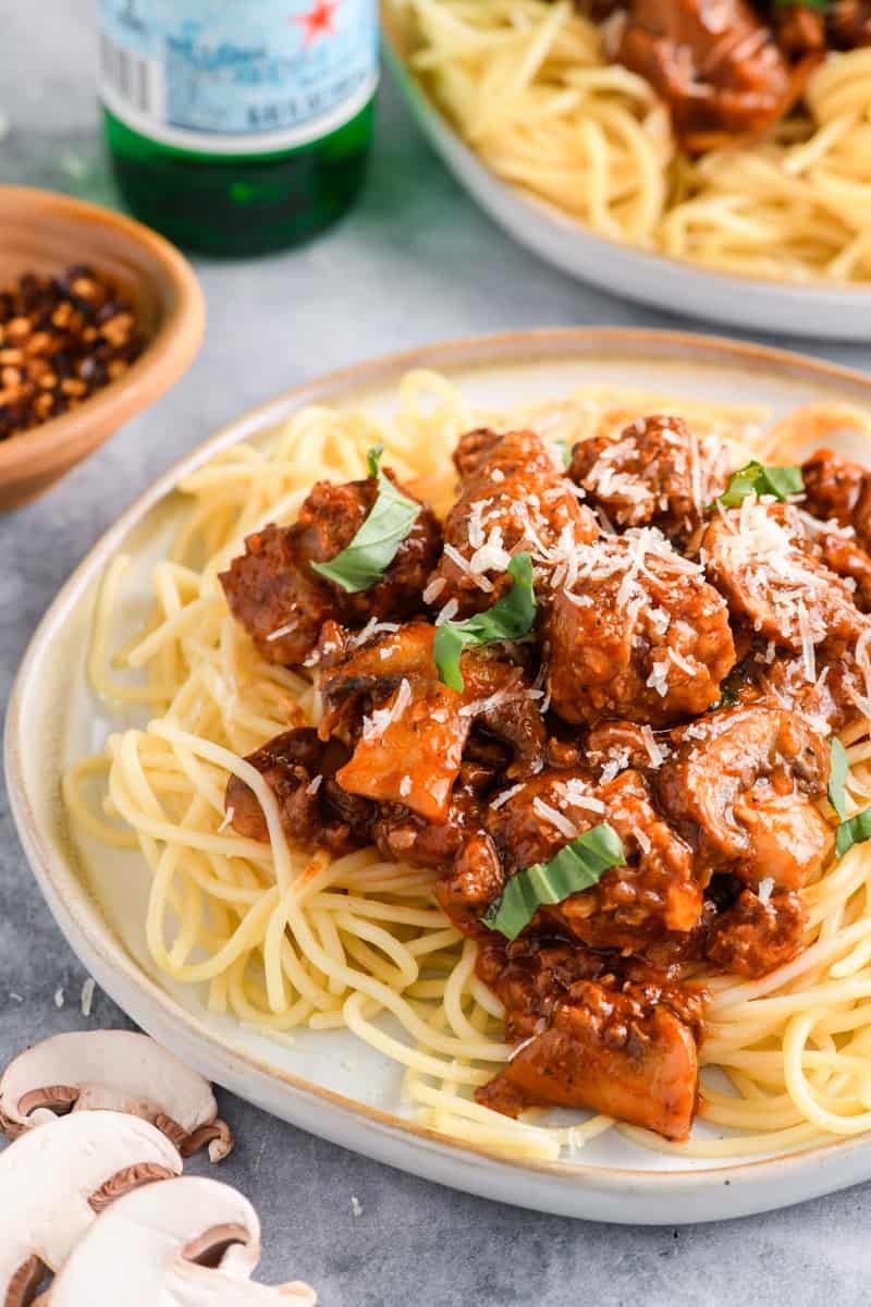 Close up angled shot of Italian Sausage Spaghetti.