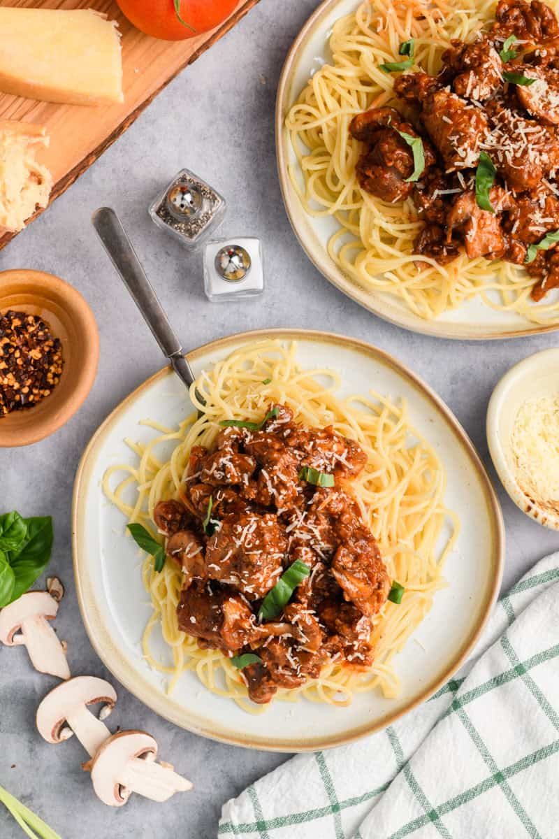 Overhead shot of Italian Sausage Spaghetti.