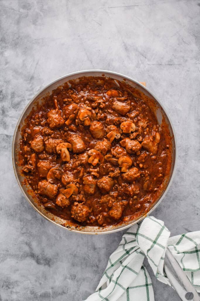 Overhead shot of completed sauce for Italian Sausage Spaghetti.