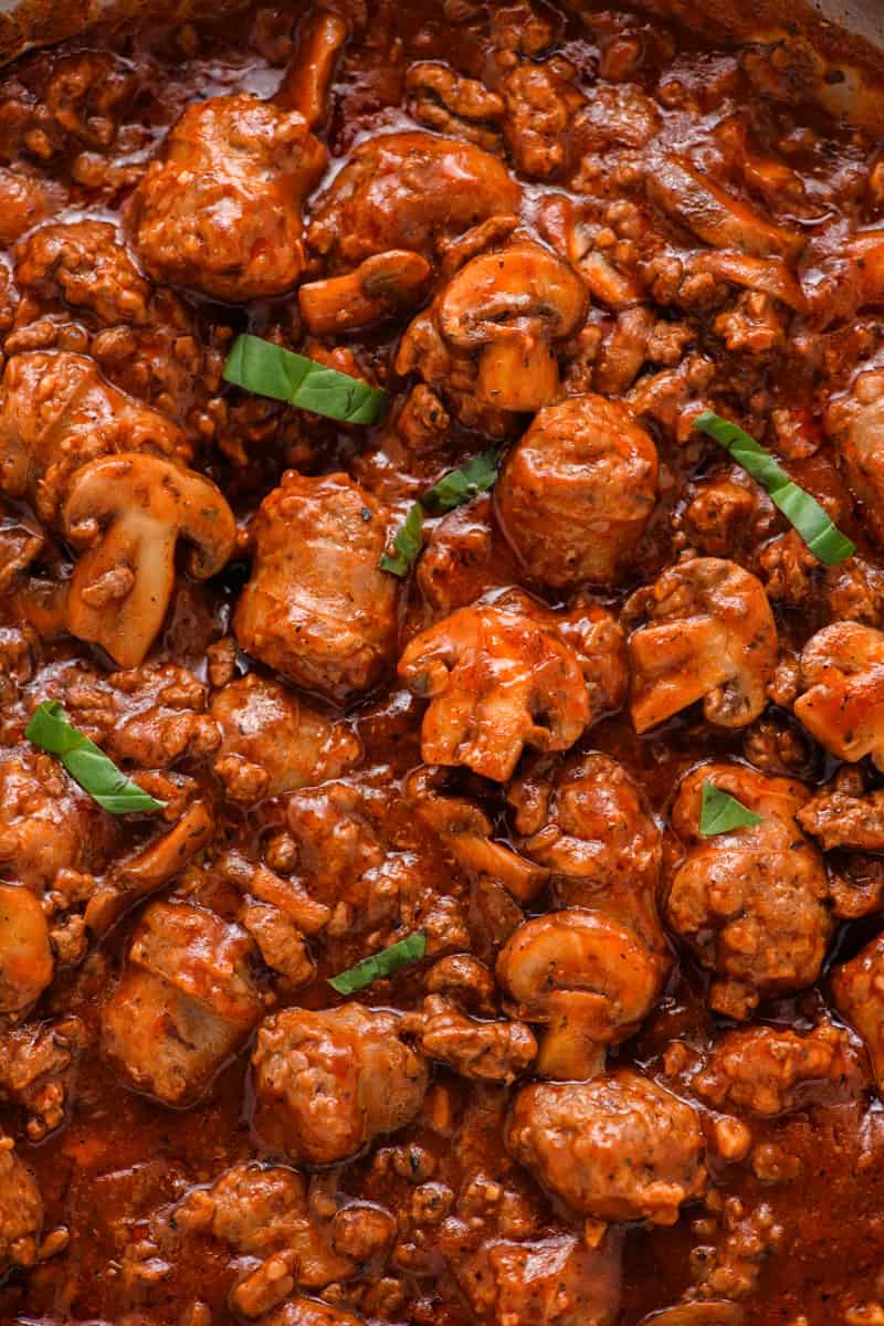 Macro shot of sauce for Italian Sausage Spaghetti.