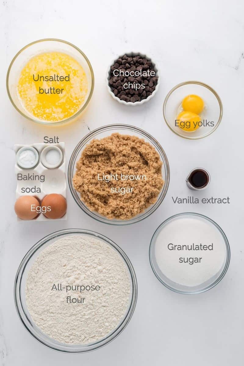 Overhead shot of ingredients for Best Big Fat Chewy Chocolate Chip Cookies.