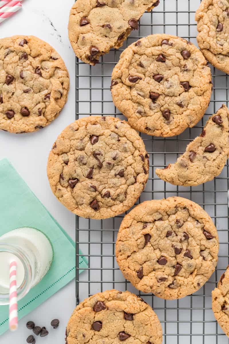 Overhead shot of Best Big Fat Chewy Chocolate Chip Cookies on cooling rack.