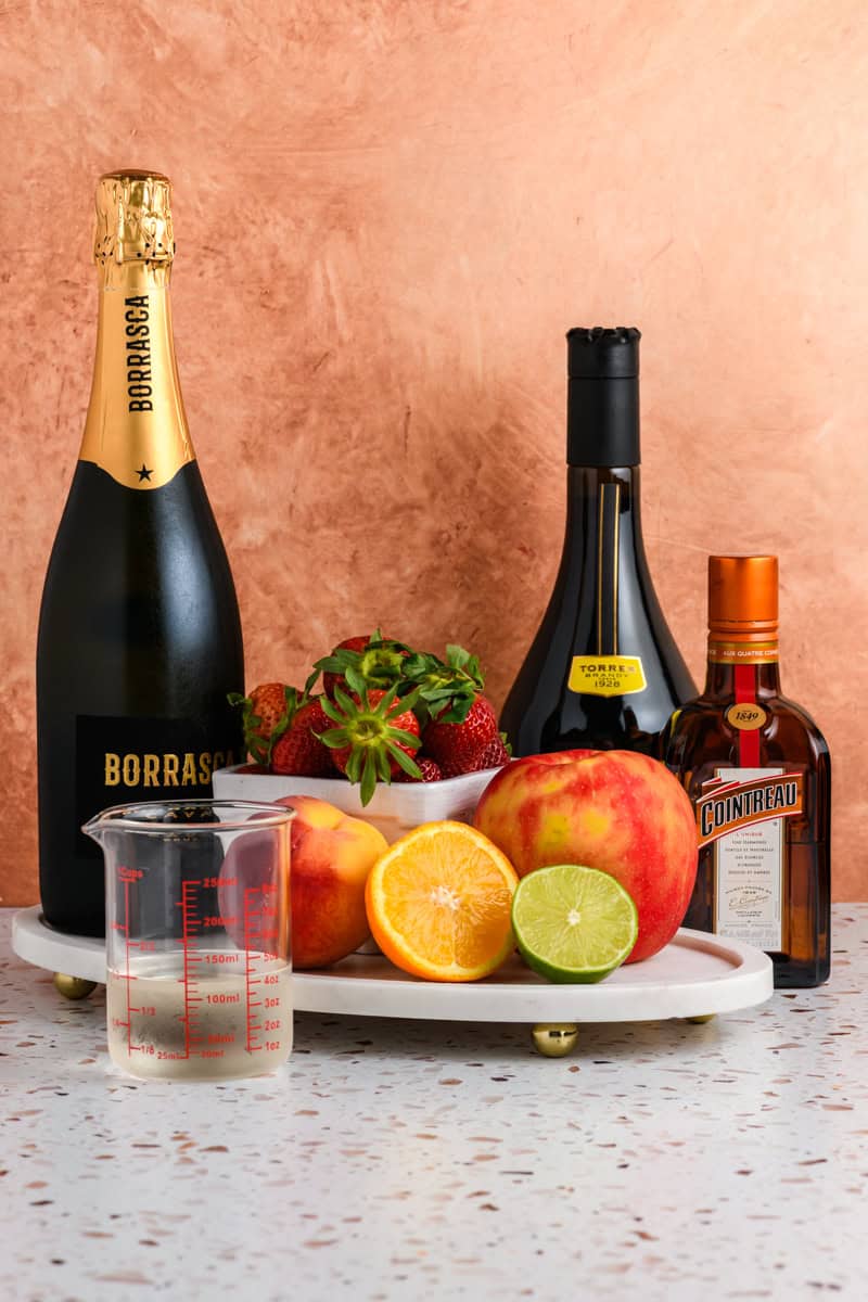 Head on shot of ingredients for Sparkling Sangria.
