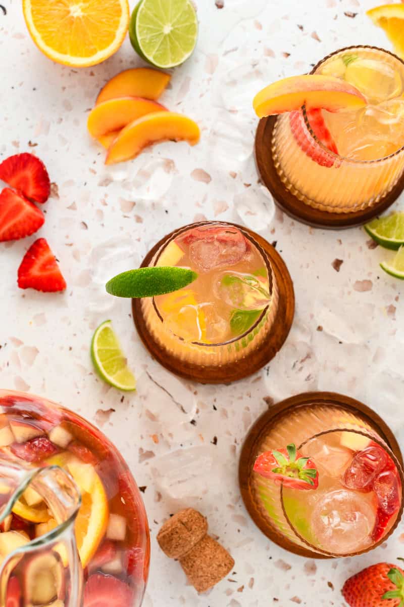 Overhead shot of 3 glasses of Sparkling Sangria.