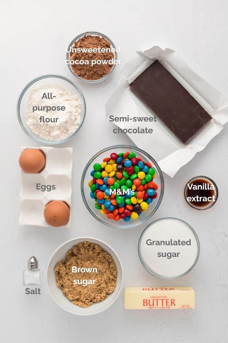 Overhead shot of ingredients for M&M Brownies.
