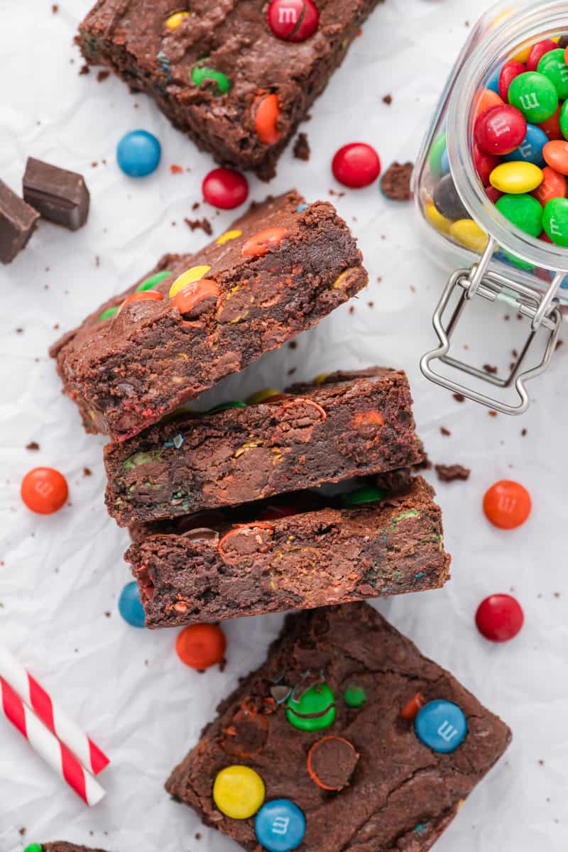 Overhead close up shot of M&M Brownies on their side.