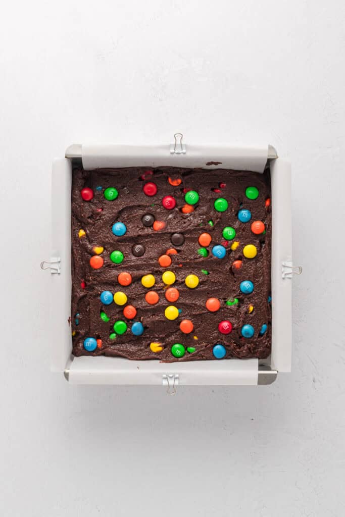 M&M Brownie batter in prepared baking pan.