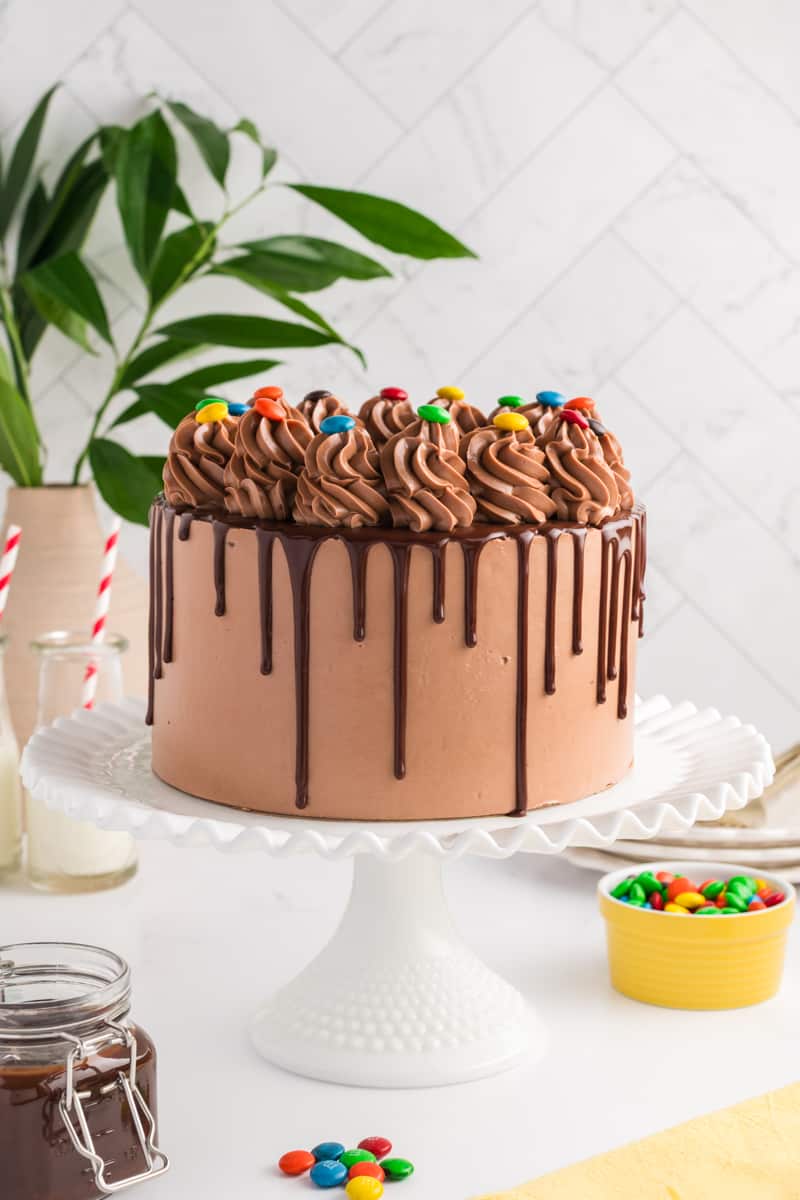 Wide open shot of M&M Chocolate Cake on white cake stand.