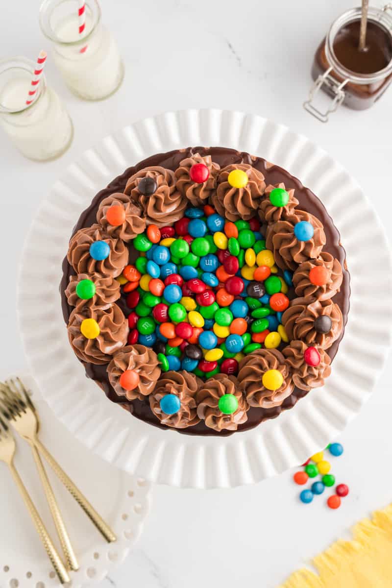 Overhead shot of M&M Chocolate Cake on white cake stand.