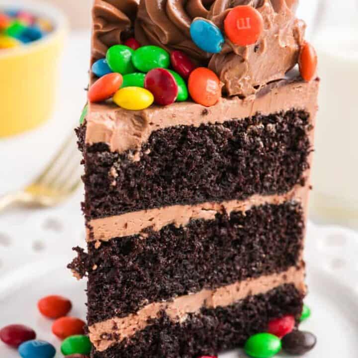 Close up of a slice of M&M Chocolate Cake.