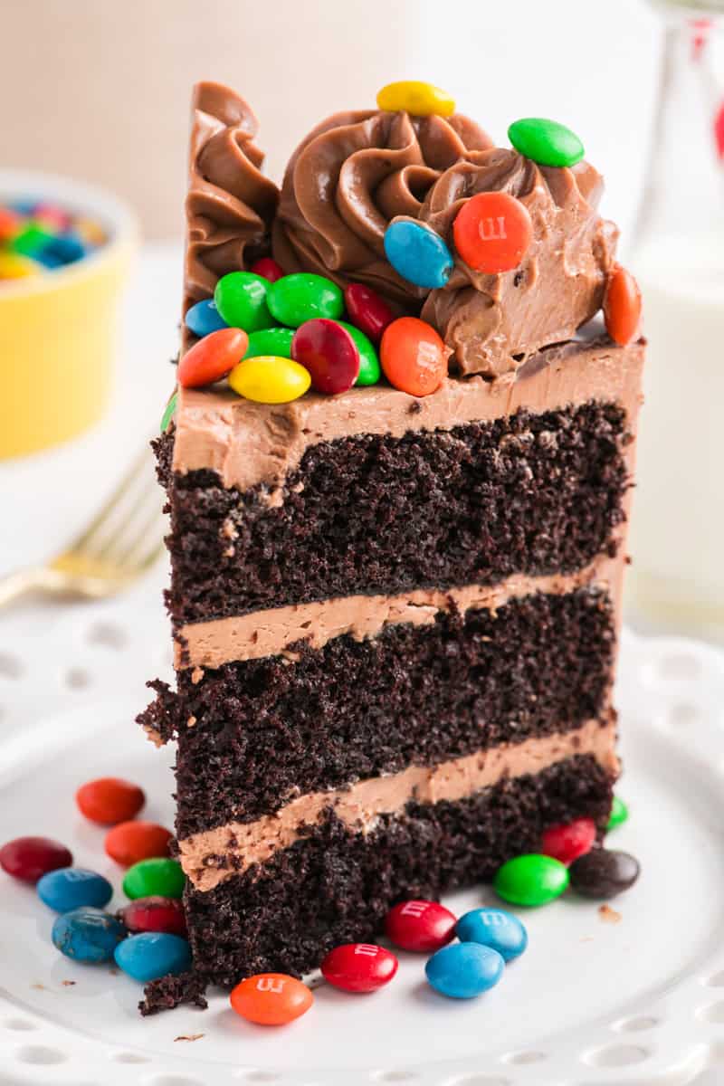 Close up of a slice of M&M Chocolate Cake.
