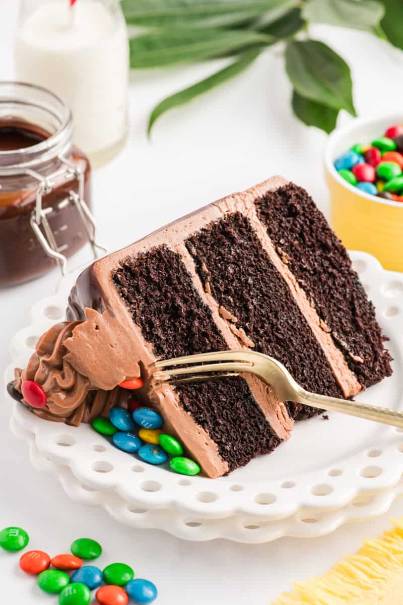 Angled shot of a slice of M&M Chocolate Cake on white plate.