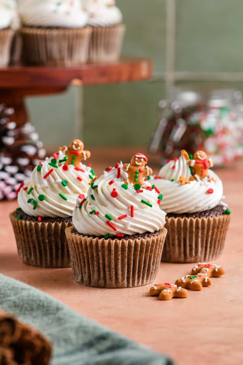 Close up of 3 Gingerbread Cupcakes.
