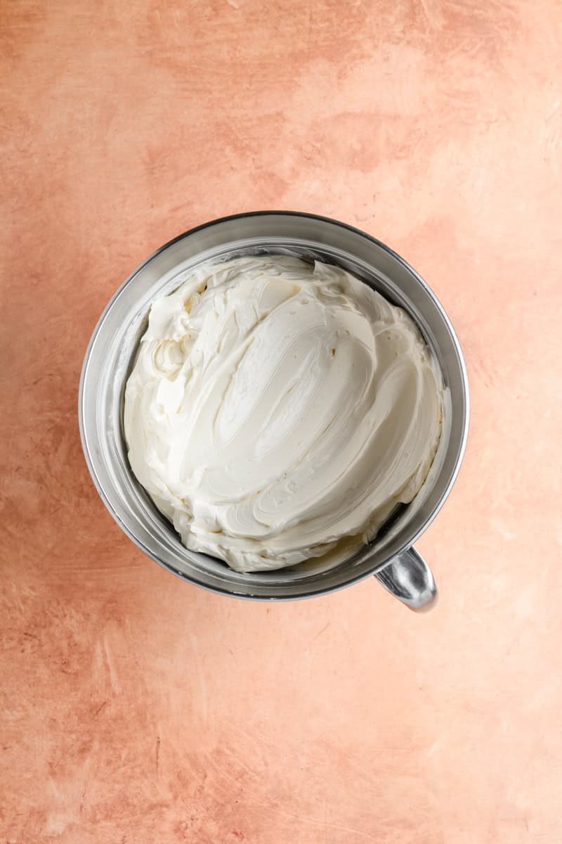 Overhead shot of completed Swiss meringue buttercream for Gingerbread Cupcakes.