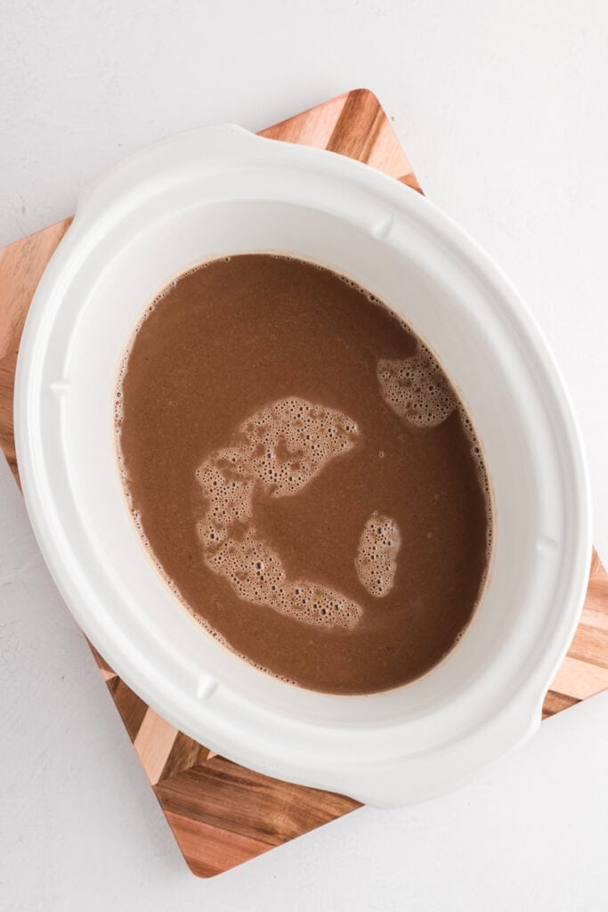 Overhead process shot of completed Slow Cooker Hot Chocolate.