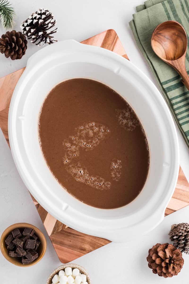 Overhead shot of completed Slow Cooker Hot Chocolate in slow cooker.